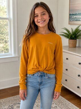 Walking on Sunshine Stitch Fix Girls XL Mustard Yellow Twist Front Top VGUC